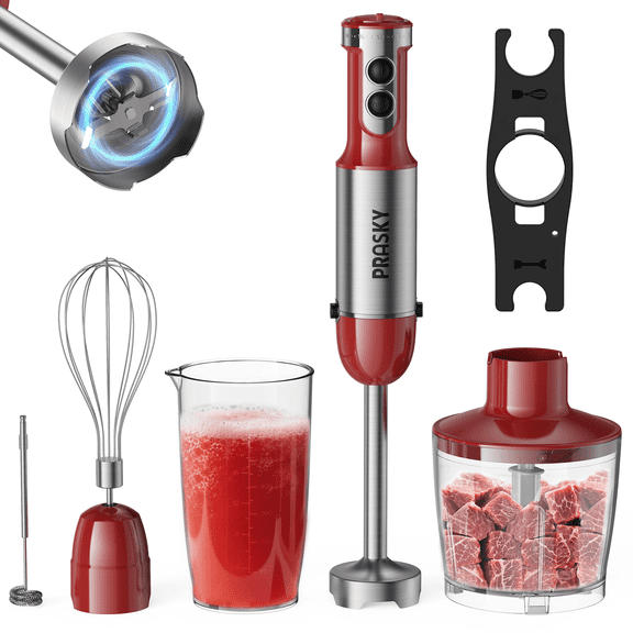 PRASKY Hand Immerision Blender, 20 Speeds Blender with Milk Frother (Red)