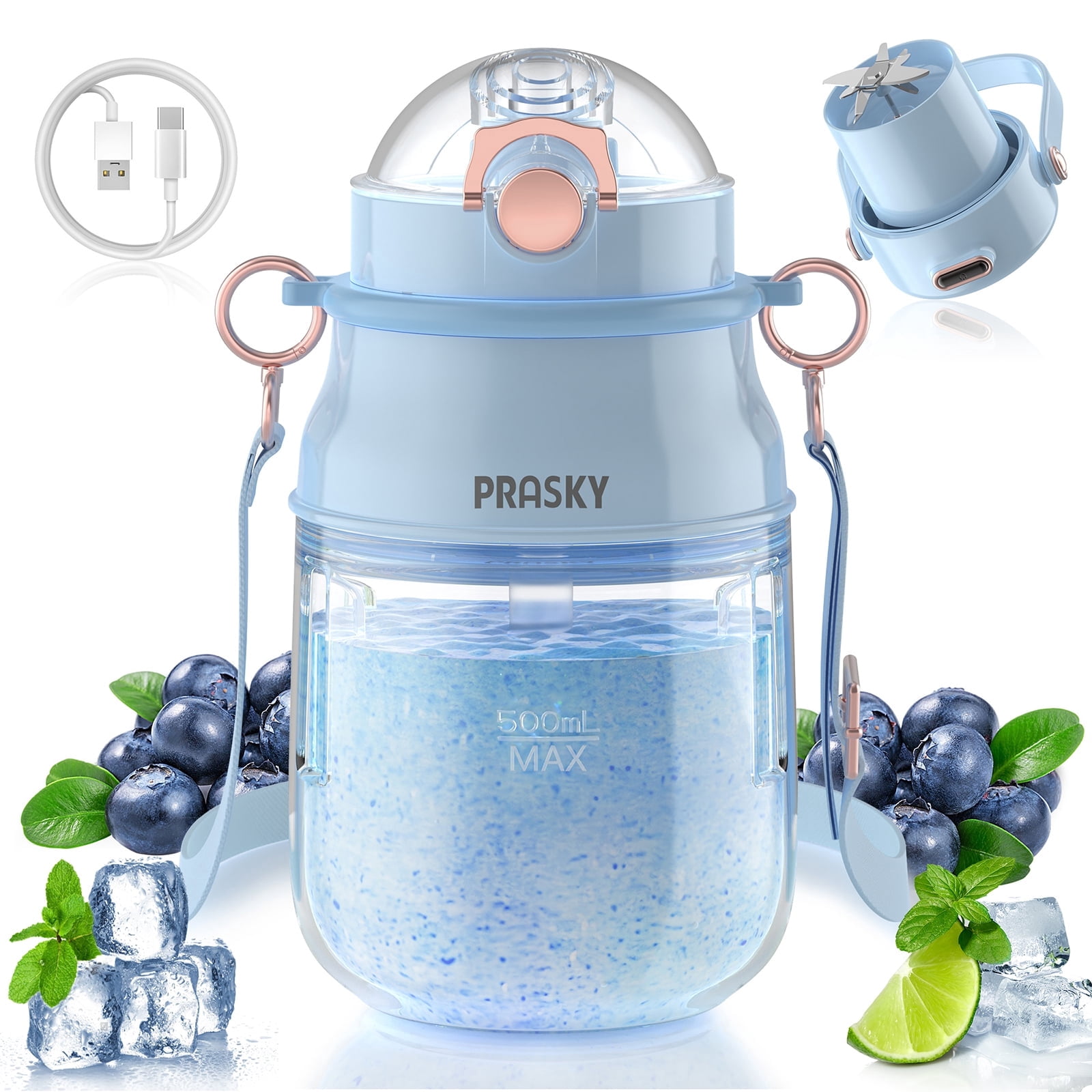 PRASKY 2-in-1 Portable Blender, BPA Free 27oz for Juicer, Smoothies and Shakes (Blue)