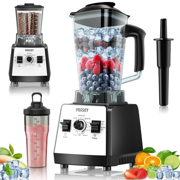 PRASKY Countertop Blender, 2-in-1 Professional Blender, 68oz Capacity 1000W 6 Speeds Blender for Kitchen with 25oz to-go Cup (White)