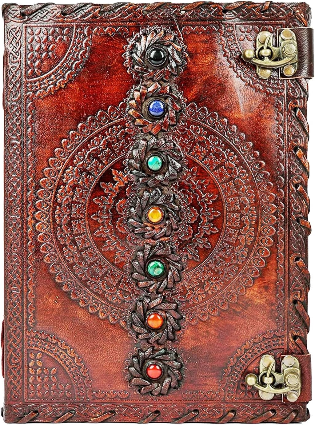 PRASTARA Seven Chakra Stone Leather Journal | LARGE Leather Bound Journal Embossed Book of Shadow Witchcraft Notebook | Blank Paper Vintage Notebook Sketchbook Gifts for Men and Women