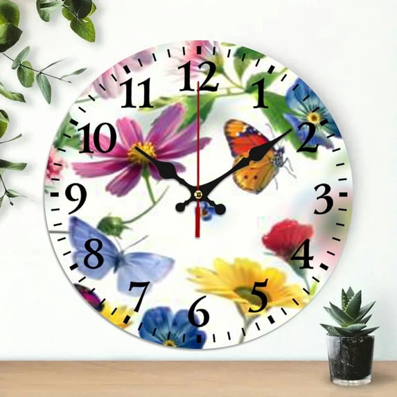 PRATYUS 10-Inch Flowers Butterfly Print Wall Clock for Living Room Silent Mechanical Movement 10x10in