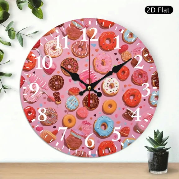 PRATYUS 10 Inch Round Wooden Wall Clock Donuts Hearts Checkered Print 10x10in
