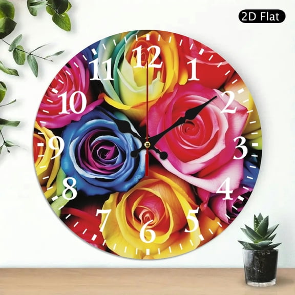 PRATYUS 10 Inch Round Wooden Wall Clock Roses Bouquet Print Decor 10x10in