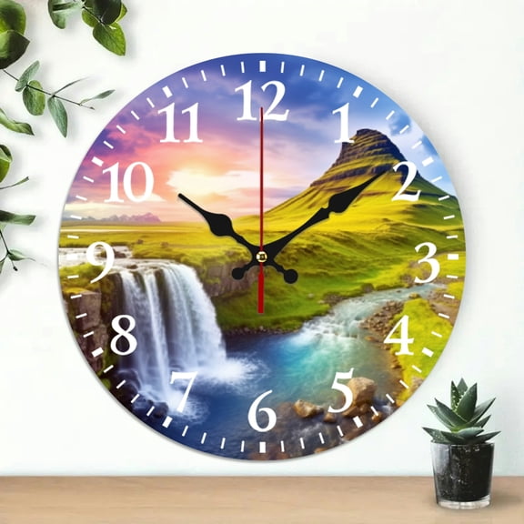 PRATYUS 10 Inch Round Wooden Wall Clock Waterfall Rainbow Theme Decor 10x10in