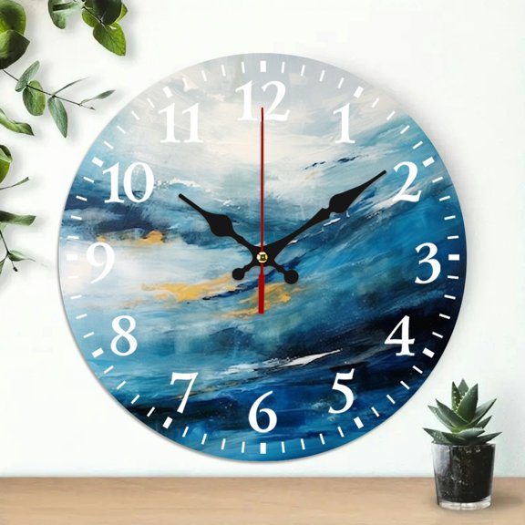 PRATYUS 10 Inch Round Wooden Wall Clock Waves Clouds Abstract Design 10x10in