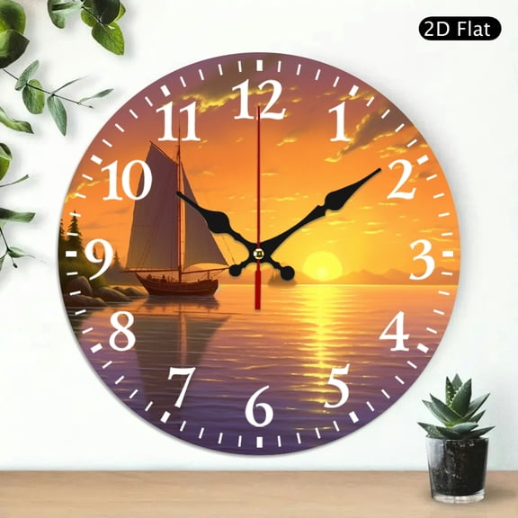 PRATYUS 10 Inch Sailboat Sunset Lake Theme Wooden Wall Clock 10x10in
