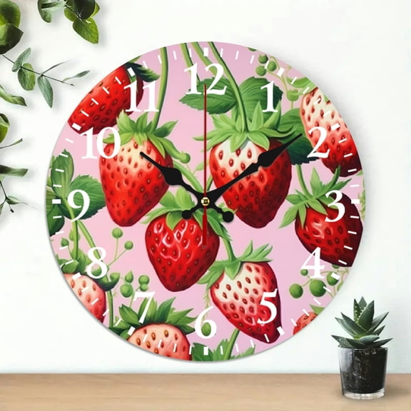 PRATYUS 10 Inch Strawberries Print Wall Clock Battery Operated Decor 10x10in