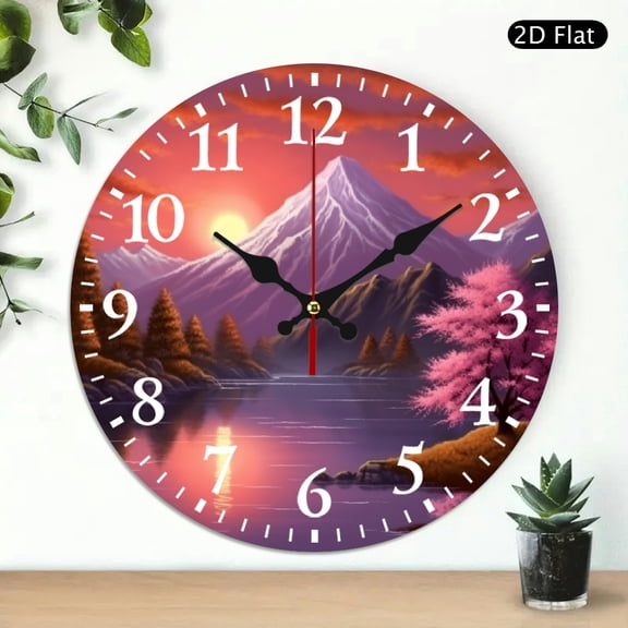 PRATYUS 10 Inch Sunset Mountain Lake Theme Round Wooden Wall Clock 10x10in