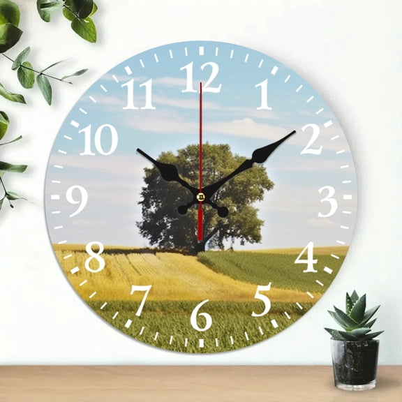 PRATYUS 10 Inch Tree Field Sky Theme Wooden Wall Clock for Home Decor 10x10in
