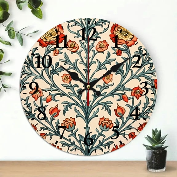PRATYUS 10 Inch Wall Clock Flower Pattern Red Flower Print Silent Mechanical Movement Wall Hanging Decor - Ideal for Living Rooms, Kitchens, Dorms, Everyday Gifts 10x10in