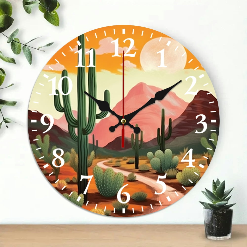 PRATYUS 10 Inch Wooden Wall Clock Cactus Trees Sun Print Silent 10x10in ...