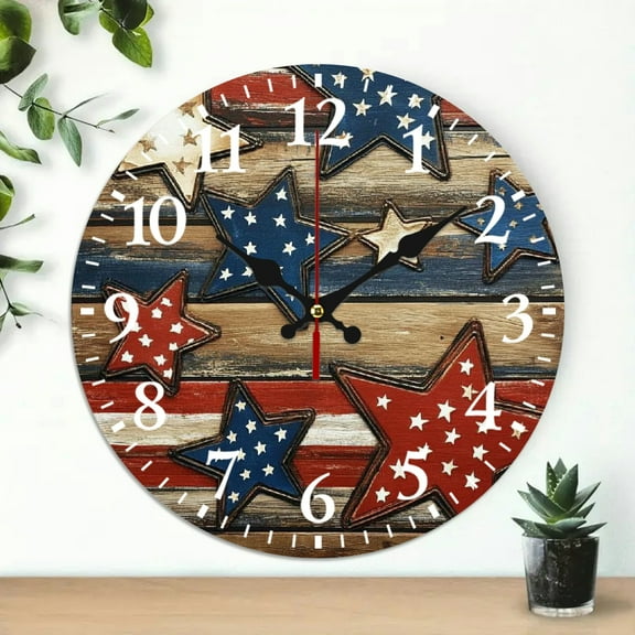 PRATYUS 10 Inch Wooden Wall Clock Stars American Flag Print Decor 10x10in