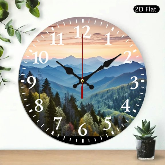 PRATYUS 10 Inch Wooden Wall Clock Sunset Trees Mountain Print Silent Decor 10x10in