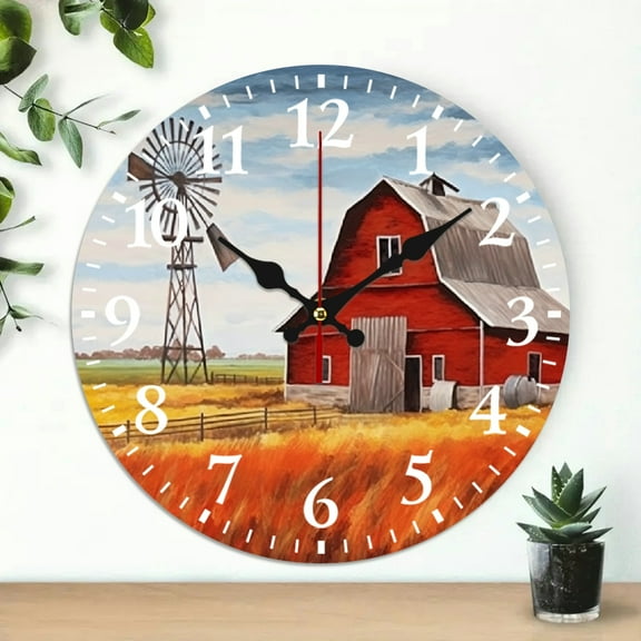 PRATYUS 10 Inch Wooden Wall Clock Wheat Field Barn Windmill Print 10x10in