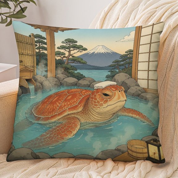 PRATYUS 18x18 Inch Envelope Throw Pillow Cover, Sea Turtle Soaking in Japanese Hot Spring Soft Polyester Modern Farmhouse Decorative Cushion Case for Home Bedroom Living Room