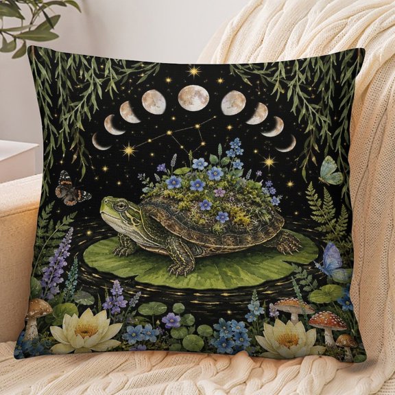 PRATYUS 18x18 Inch Envelope Throw Pillow Cover, Turtle with Flower Garden Shell Moon Phases Fantasy Forest Soft Polyester Modern Farmhouse Decorative Cushion Case for Home Bedroom Living Room