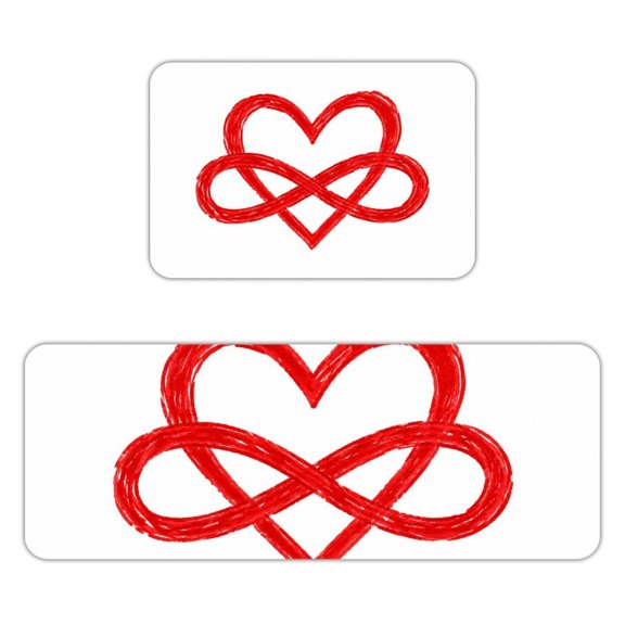 PRATYUS 2Piece NonSlip Kitchen Rug Set, Heart Infinity Symbol Red Doodle AntiPilling Flannel Absorbent Floor Mats 16"x24"+17"x47", Washable Indoor Carpets