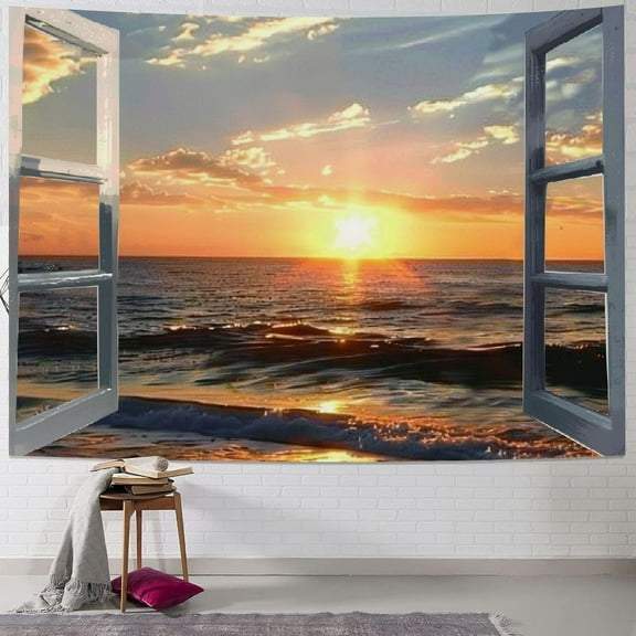 PRATYUS 3D Ocean Tapestry Wall Hanging Sun Sunset Sea Beach Landscape Tapestry Window Tapestries for Bedroom Living Room Home Decor Painting