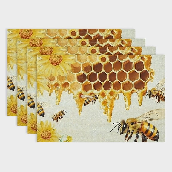 PRATYUS 4pcs Beehive Honeycomb Bees Linen Table Mats Set for Elegant Dining, Heat Insulation, and Home Decoration 18x12in