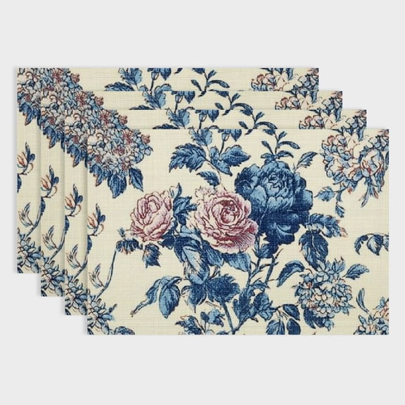 PRATYUS 4pcs Floral Print Baroque Blue Border Linen Cloth Placemats for Birthday Parties and Home Decoration, Set of 4 Western Meal Table Pads 18x12in