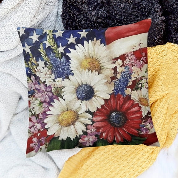 PRATYUS 4th of July Pillow Cover Floral God Bless America Flag Decorations Patriotic Holiday Pillow Case Independence Memorial Day Decor for Home Sofa Couch 20x20in