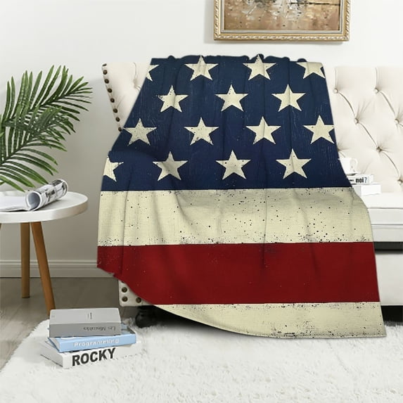 PRATYUS 4th of July America USA Rustic Red White Blue Stripes Stars Flannel Blanket Soft Plush Blankets for All Seasons Lightweight Blanket 40x50in