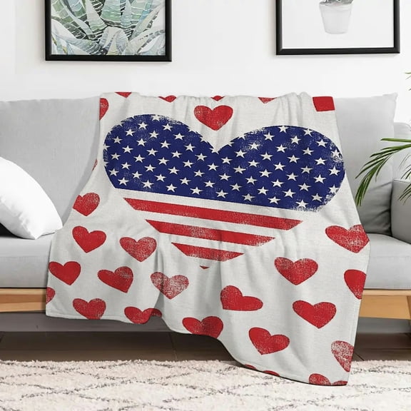 PRATYUS 4th of July Throw Blanket,American Flags in The Heart Shape Love of Nation, Flannel Piece Throw Blanket, Red White and Navy Blue 30x40in