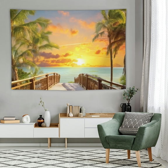 PRATYUS 60x40 Inch Tropical Balcony Sea Beach View Tapestry Seaside Wood Bridge Sunset Sunshine Curtain Wall Hangings Tapestry Bedroom Living Room Dorm Man Cave Video Recording Background 60x40in