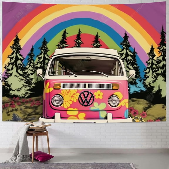 PRATYUS 70s Vintage Rainbow Tapestry Groovy Wall Art Colorful Road Floral Sunrise Bus Mushroon Clouds Flower Modern Fancy Trendy Girls Wall Hanging Bedroom Living Room Dorm Decor 40x30inch