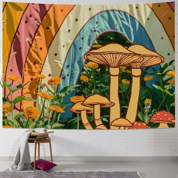 PRATYUS 70s Vintage Sun Rainbow Tapestry Vintage Retro Mushroom Boho Funky Floral Abstract Aesthetic Groovy Wall Hanging Bedroom Living Room Dorm Decor Fabric 40x60inch
