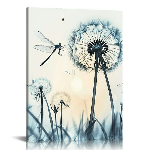 PRATYUS Abstract Blue Dandelion with Dragonfly Canvas Wall Art Decor Flowers Still Life Painting Prints 12x16 in