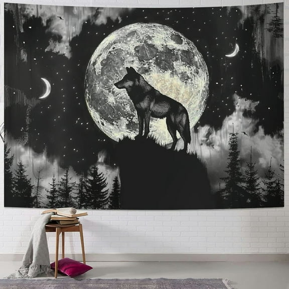 PRATYUS Abstract Wolf Tapestry Misty Forest Starry Sky Mountain Full Moon Tapestries Wall Hanging Blanket Wild Animal Wall Tapestry for Kids Bedroom Living Room Dorm Party Wall Decor Poster Painting