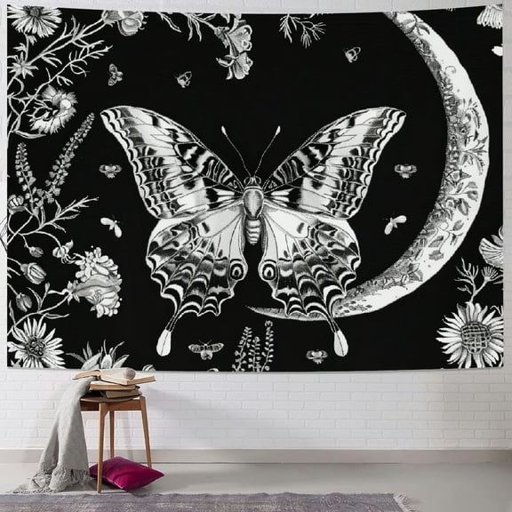 PRATYUS  Aesthetic Butterfly Tapestry Plants Flowers Tapestries Boho Moth Tapestry Moon Garden Tapestry Black and White Tapestry Wall Hanging for Bedroom Dorm Multi Size Painting