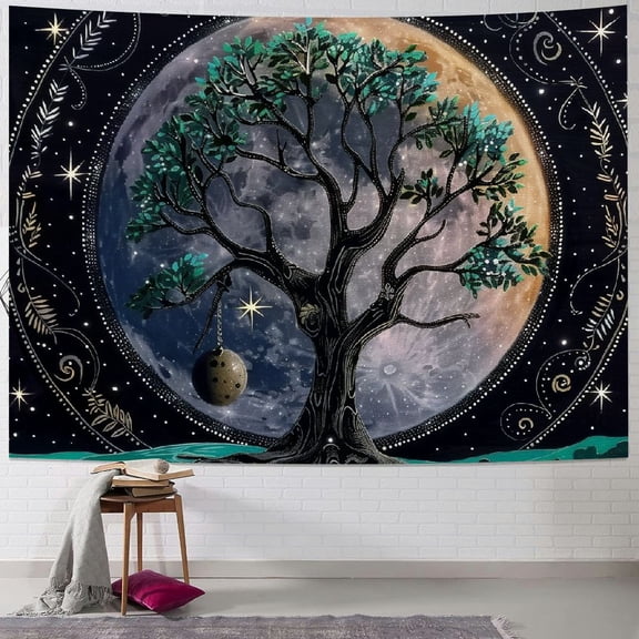 PRATYUS Aesthetic Tree Tapestry Trippy Tapestry Wall Tapestry Hippie Sun Moon Star Galaxy Tapestries Forest Wall Hanging Decor Vibrant Nature Home Decoration for Bedroom,Living Room,Dorm Painting