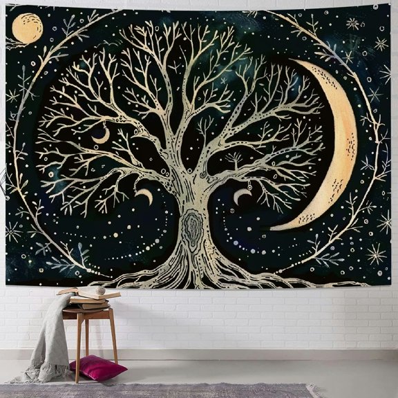 PRATYUS Aesthetic Tree Tapestry  Wall Tapestry Hippie Beige Sun Moon Star Galaxy Space Tapestries Forest Wall Hanging Decor Nature Home Decoration for Bedroom,Living Room,Dorm Painting