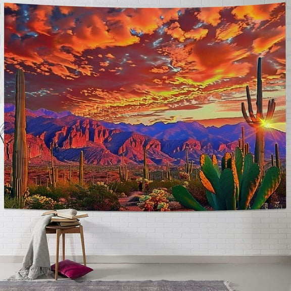 PRATYUS American Weatern Saguaro Sunset Tapestry Wall Hanging, Desert Cactus Burning Clouds Nature Scene Tapestries, Psychedelic Tropical Plants Tapestry for Bedroom Living Room Drom 50x40inch