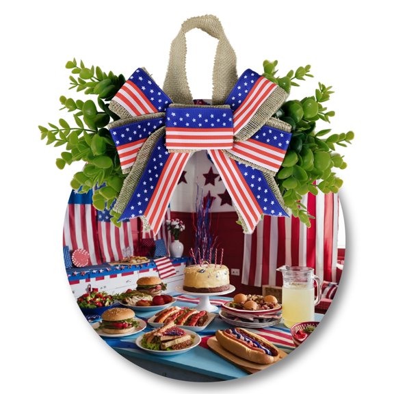 PRATYUS Americo Makk 4th of July Round Wooden Door Sign, Wood Decor for Door Wall Indoor Outdoor Independence Day Holiday Ornament