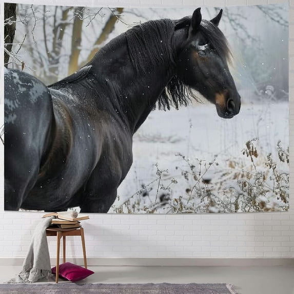 PRATYUS Animal Tapestry, Friesian Sport Horse Portrait on a Snowy Winter Background Novelty Picture Print, Wide Wall Hanging for Bedroom Living Room Dorm,, White