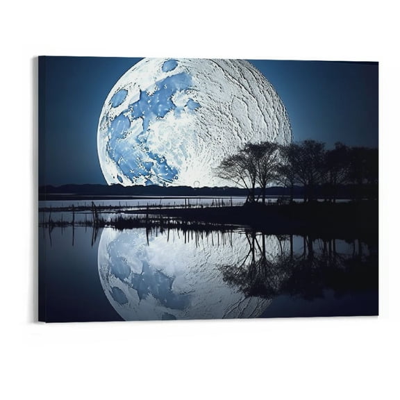 PRATYUS Art Modern Canvas Wall Art Picture 20x16in for Living Room Bedroom Full Moon Water Reflection 20x16in