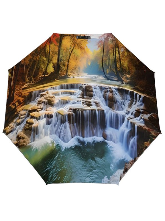 Auto Open Close Compact Fall Forest Frosty Waterfall Travel Umbrella Windproof UV Protection, Black Coating 3 Fold Portable Sun Rain Umbrella for Women Men