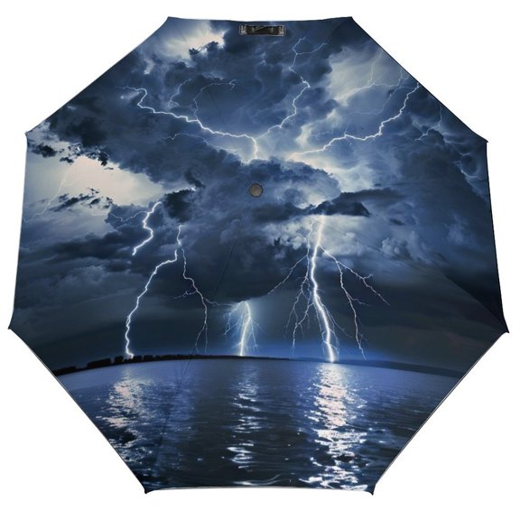 PRATYUS Auto Open Close Compact Lightning Storm Over Ocean Travel Umbrella Windproof UV Protection, Black Coating 3 Fold Portable Sun Rain Umbrella for Women Men