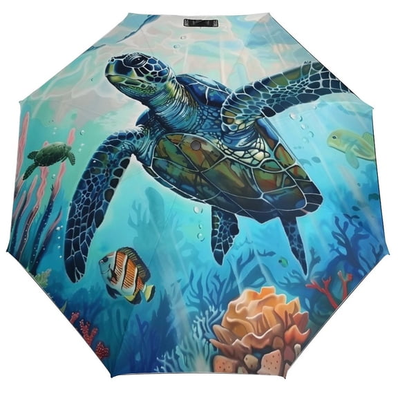 PRATYUS Auto Open Close Compact Sea Turtle Ocean Friends Travel Umbrella Windproof UV Protection, Black Coating 3 Fold Portable Sun Rain Umbrella for Women Men