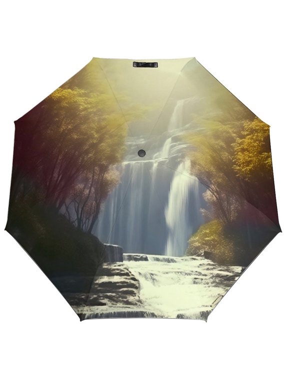 Auto Open Close Compact Sunlit Forest Waterfall Scene Travel Umbrella Windproof UV Protection, Black Coating 3 Fold Portable Sun Rain Umbrella for Women Men