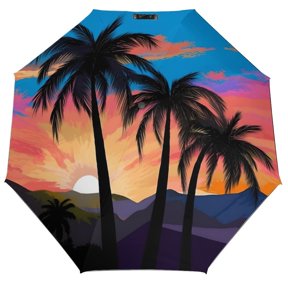 PRATYUS Auto Open Close Compact Vector Palm Trees Mountain Sunset Travel Umbrella Windproof UV Protection, Black Coating 3 Fold Portable Sun Rain Umbrella for Women Men