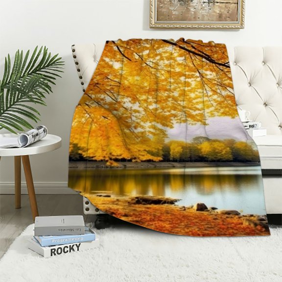 PRATYUS Autumn Leaves River Flannel Throw Blanket for Sofa Couch Cozy Travel Outdoor All Seasons Gifts 50x60in