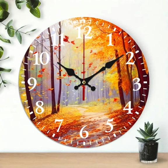 PRATYUS Autumn Leaves Wooden Wall Clock Battery Operated 10 Inch 10x10in