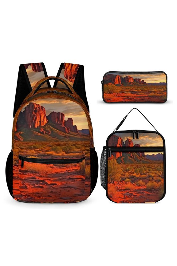 Back to School Red Rock Canyon Sunset Glow Backpack Lunch Bag Pencil Case 3 Piece Set Durable Polyester Portable Zippered Daily Essential Combo
