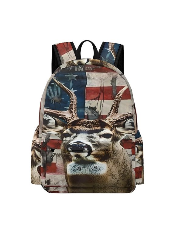 Backpack Oxford Fabric Deer Antlers American Flag Laptop Bag Back To School Campus Lightweight Durable Water Resistant Large Capacity 16.5 Inch