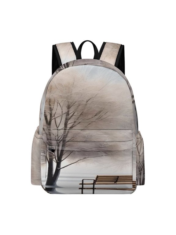 Backpack Oxford Fabric Frosted Trees Bench Winter Minimalist Laptop Bag Back To School Campus Lightweight Durable Water Resistant Large Capacity 16.5 Inch