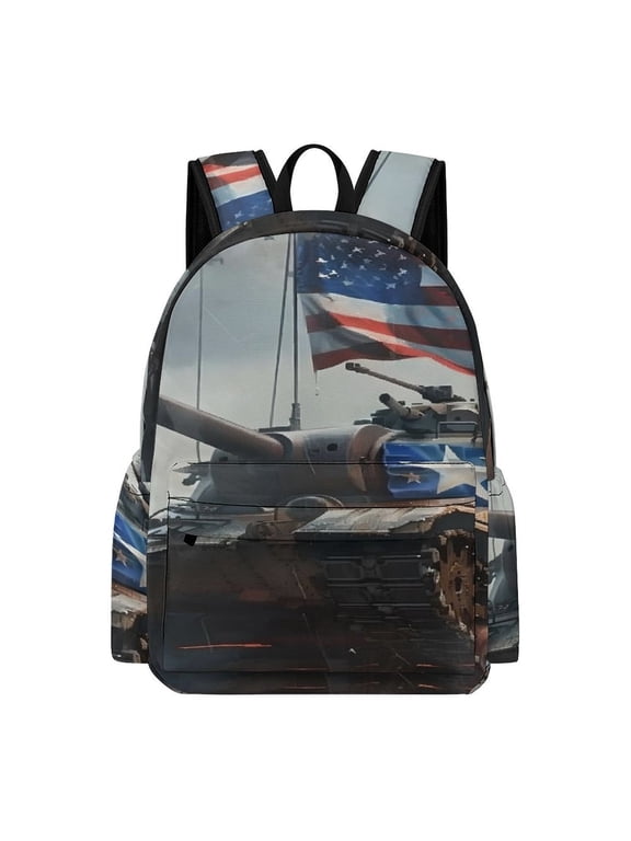 Backpack Oxford Fabric Military Tank Flag Scene Laptop Bag Back To School Campus Lightweight Durable Water Resistant Large Capacity 16.5 Inch